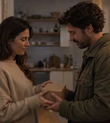 Two people at a doorway carefully exchanging a small unmarked box in soft evening light.