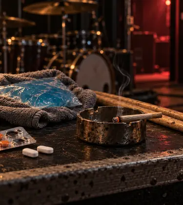 Ibuprofen tablets, two acetaminophen caplets, water and a half-smoked joint on a road case beside drumsticks backstage