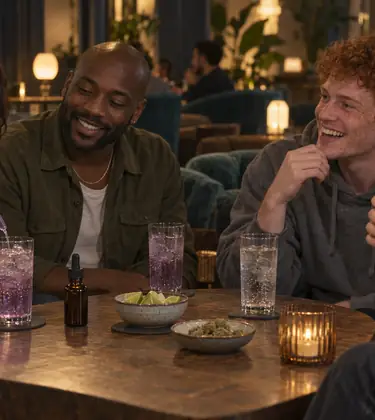 Four friends at a cannabis lounge table at night, one measuring THC syrup into a glass of soda with a dosing syringe