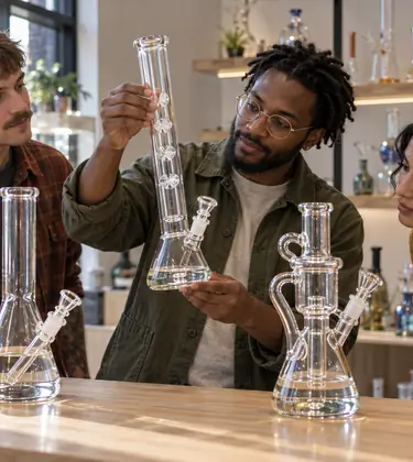 Three friends at a glass gallery counter comparing a beaker bong, a straight tube bong and a recycler bong in late-morning light