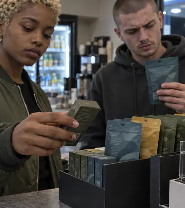 Two young friends at a gas station checkout at night looking at unbranded vape and gummy products on a counter display