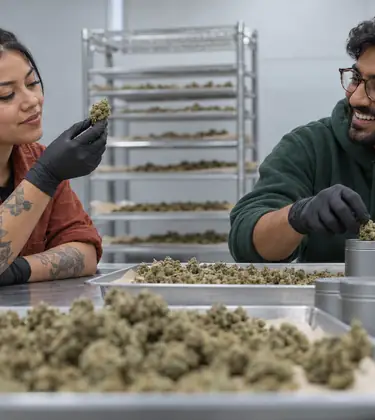 Two young workers sorting dried cannabis buds into plain gray tins at a steel table in a city grow facility