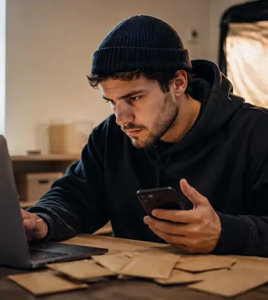 Young man in a dark hoodie checking a laptop and phone beside plain seed envelopes, with cannabis plants and a grow tent in the background.