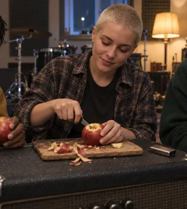 hree friends in a band rehearsal room at night carving an apple pipe on top of a guitar amp