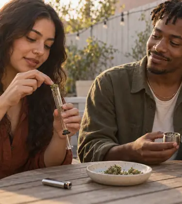 Two friends on a backyard patio at golden hour, one packing ground flower into a glass blunt while the other holds a grinder