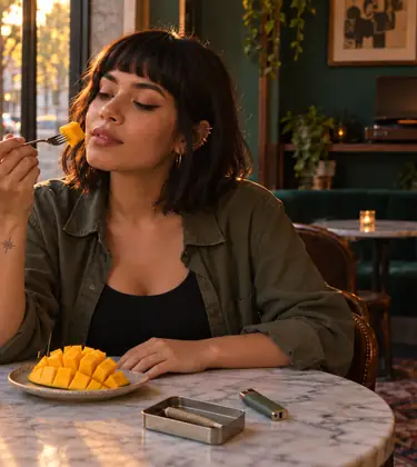 Mango before smoking: a woman at a café table eats hedgehog-cut mango from a fork beside a tin with a joint and a lighter