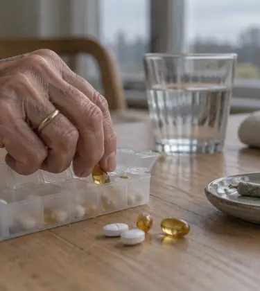 An older person's trembling hand reaching into a pill organizer beside soft gel capsules and a joint on a table