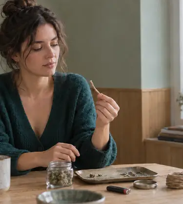 Young woman at a pale timber table comparing a length of waxed hemp wick against a plain disposable lighter, a jar of flower beside her