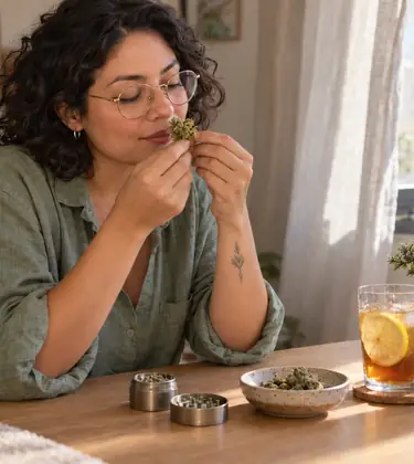 A woman at her apartment desk smelling a freshly broken cannabis bud beside a grinder, a glass of iced tea and a small juniper bonsai