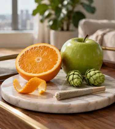 A halved Valencia orange, a green apple, hop cones and a joint on a marble tray on a home bar cart