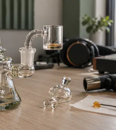 A quartz banger dab rig with a carb cap, terp pearls and a bead of rosin on a desk in a home music studio