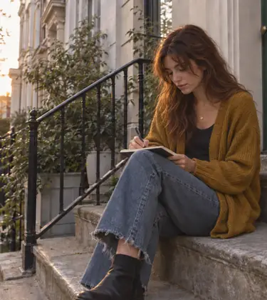 Young woman sitting on apartment front steps in late afternoon writing in a small notebook, a tin ashtray and her phone on the step beside her