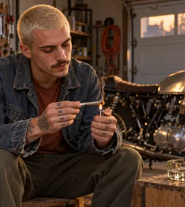 A young man toasts the tip of a joint with a lighter flame in a garage workshop beside a vintage motorcycle
