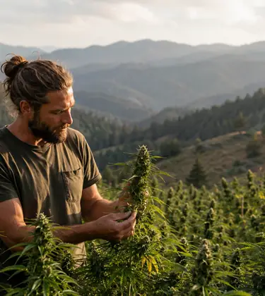 Adult farmer inspecting cannabis plants in a sun-grown mountain field with forested hills in the background.