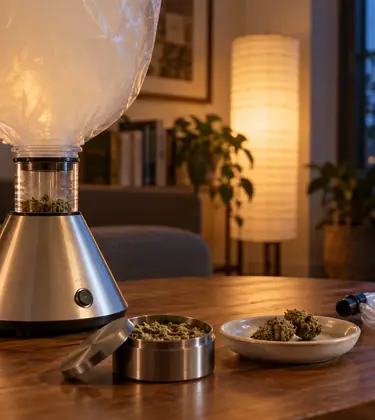 A cone-shaped desktop vaporizer with a vapor-filled balloon on a side table in the evening, beside a grinder and cannabis buds