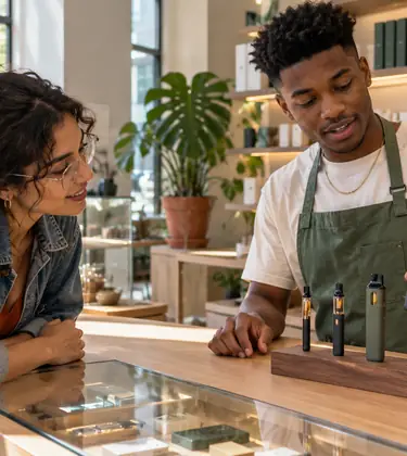 A budtender holds up a large all-in-one THC vape beside a row of smaller vape pens for a customer at a dispensary