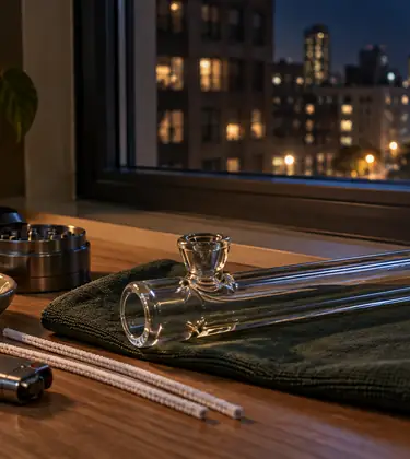 A clear glass steamroller pipe on a city apartment windowsill at night, beside a grinder and a small dish of cannabis buds