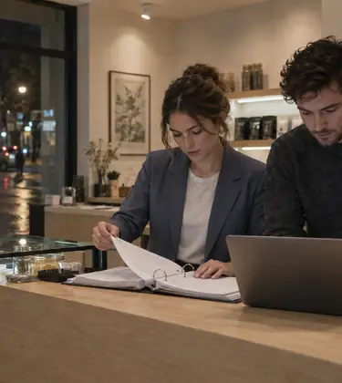 Two young people going through a thick ring binder and a laptop at a dispensary counter after closing, lit product cases behind them