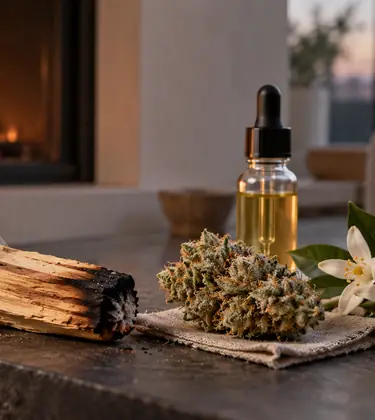 A chunk of palo santo wood, a cannabis bud, orange blossoms and cypress bark on a slate fireplace hearth