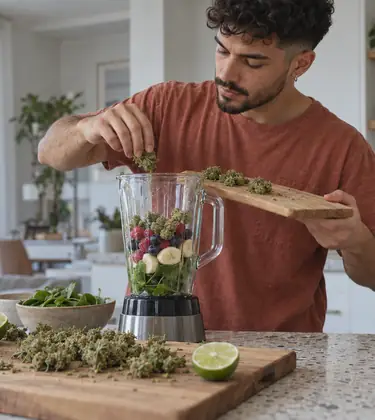 A young man adding fresh raw cannabis buds to a fruit smoothie in a blender in a bright apartment kitchen