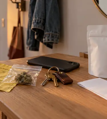 A yellow citation slip and a baggie with a cannabis bud beside a sealed dispensary pouch and receipt on an entryway table