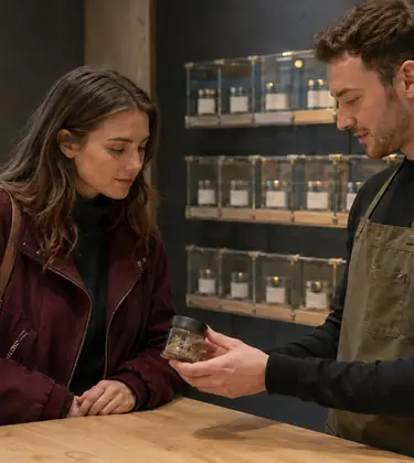 Young woman at a pale oak display table in a minimalist cannabis shop being shown a sealed product by a staff member, locked glass cases behind them