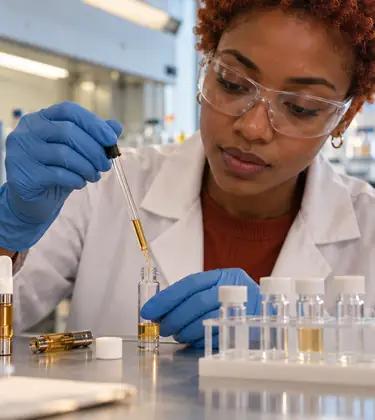 A chemist in a cannabis testing lab pipettes amber vape oil into a glass vial beside cartridges and a rack of sample vials