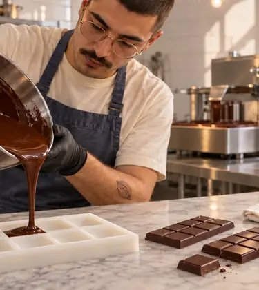 A young chocolatier pours tempered dark chocolate into a ten-square bar mold beside a syringe of cannabis distillate
