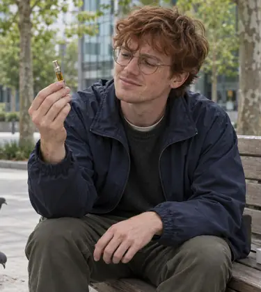 A young man on a city plaza bench in the late morning examining a delta-10 vape cartridge as pigeons peck nearby