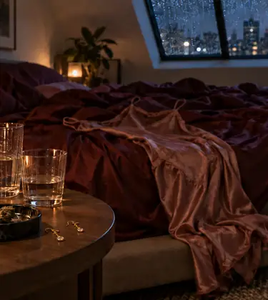 n unlabeled amber bottle of THC lube on a candlelit bedroom nightstand late at night, beside a cannabis bud and rumpled silk sheets