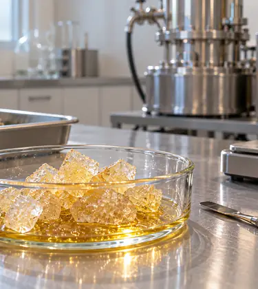 A glass dish of pale-gold THCA diamond crystals in amber sauce beside a dab tool on a stainless steel extraction lab bench
