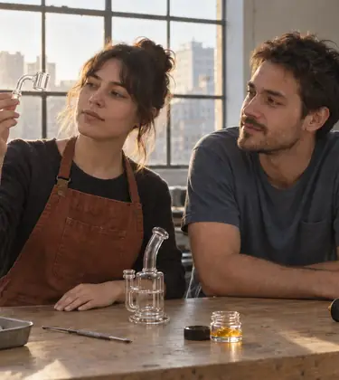 Two young people at a workbench in a city glass workshop in late afternoon, one holding a clear quartz banger up to the light, a dab rig and a tray of glass beads on the bench