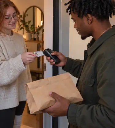 A cannabis delivery driver scans a customer’s ID at her apartment door while holding a paper bag at dusk