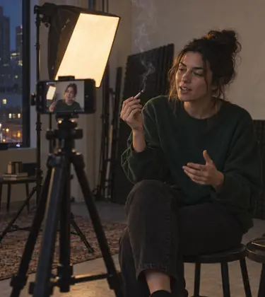 Young woman filming herself on a phone tripod in a rented city studio at night, holding a lit joint and talking to camera, smoke drifting through the light