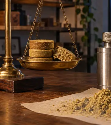 Three kief pucks stacked like coins on a brass balance scale beside a broken puck, a pollen press and loose kief