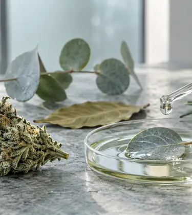 A close-up of a cannabis bud beside a petri dish of clear eucalyptol oil with a eucalyptus leaf, a pipette, bay leaf and rosemary