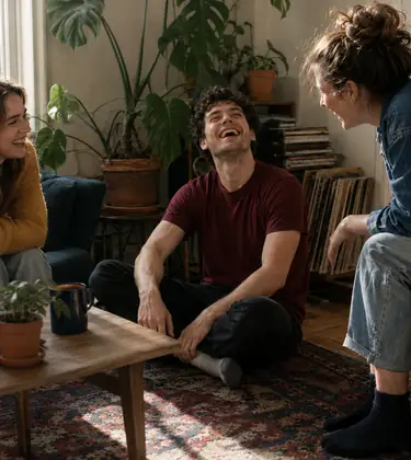 Three friends laughing together in a sunlit living room, two on sofas and one sitting on the rug.
