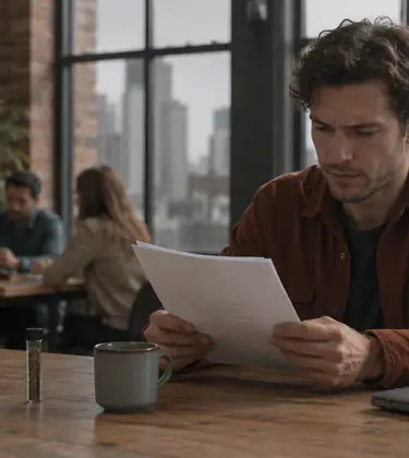 Young man at a shared workspace table reading a printed regulatory document beside a labeled cannabis jar and a pre-roll tube