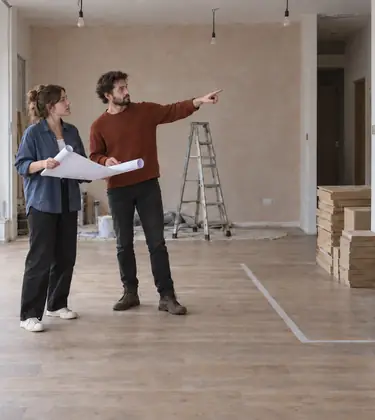 wo young business partners with a rolled floor plan standing in an empty shop unit under fit-out, a framed cannabis leaf print and stacked glass jars along the wall behind them