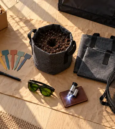 Grow shop kit on kraft paper: seeds, labels, fabric grow bags, grow room glasses, a bud scope and a drying rack with buds