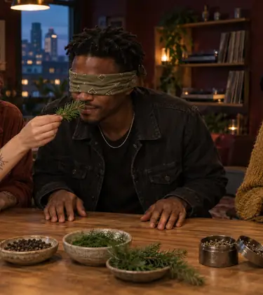 A blindfolded man sniffs a fir sprig held by a friend at a kitchen island with dishes of pepper and dill and a grinder