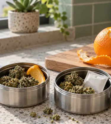 Dry buds in two open steel containers, one with orange peel and one with a humidity pack, beside a half-peeled orange