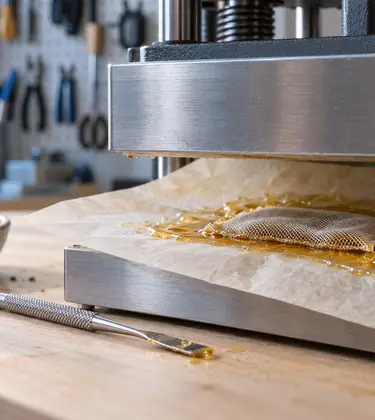 A compact rosin press with its plates open and fresh golden rosin spread on parchment around a pressed filter bag