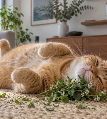 A ginger tabby cat rolling on catnip on a living room rug, with cannabis stored in a sealed tube on a high shelf behind