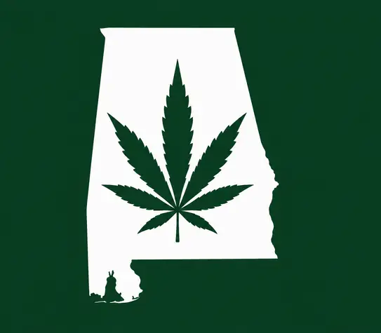 White silhouette of Alabama on a dark green background, with a dark green cannabis leaf centered inside the state outline.