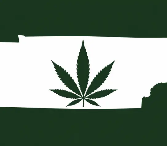 White silhouette of Tennessee on a dark green background, with a dark green cannabis leaf centered inside the state outline.