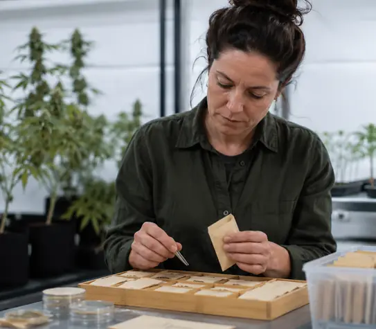 A cannabis preservationist carefully sorting seeds in a clean cultivation lab, with young cannabis plants growing in the background.