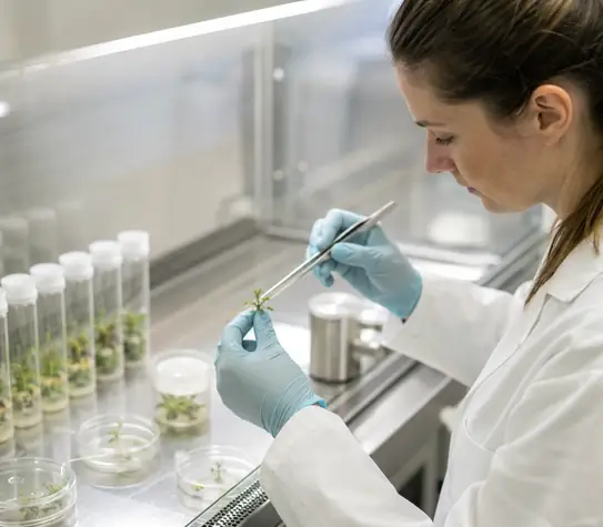 Lab technician carefully handling cannabis plantlets in a sterile tissue culture workspace with propagation tubes on the bench.
