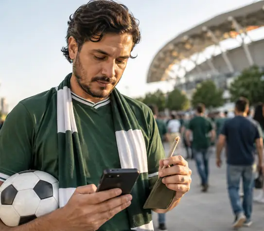 Soccer fan checking cannabis rules on a phone outside a stadium before a World Cup match.