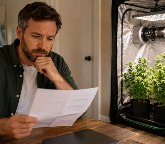A concerned man reviews an electricity bill beside a small indoor cannabis grow tent with LED lighting.